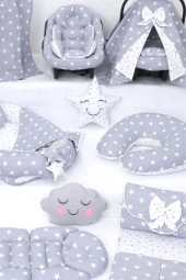 Umaybebek Babynest Puset Örtüsü Alt Açma Emzirme Yastığı Bel Destekli Ana Kucağı Bebek Arabası Minderi-tutmalı-Açık Gri Yıldız T thumbnail 3