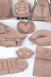 Umaybebek Babynest Puset Örtüsü Alt Açma Emzirme Yastığı Bel Destekli Ana Kucağı Bebek Arabası Minderi-tutmalı-Kahve Fırfırlı T - 3