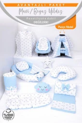 Umaybebek Babynest Puset Örtüsü Alt Açma Emzirme Yastığı Bel Destekli Ana Kucağı Bebek Arabası Minderi-panço-Mavi Beyaz Yıldız P - 2
