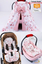 Umaybebek 4 Parça - Puset Örtüsü, Bel Destekli Bebek Arabası Minderi, Puset Minderi, Puset Çarşafı - Tutmalı-Pudra Kelebek T - 1