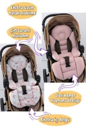Umaybebek 4 Parça - Puset Örtüsü, Bel Destekli Bebek Arabası Minderi, Puset Minderi, Puset Çarşafı - Tutmalı-Pudra Kelebek T - 2
