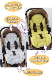 Umaybebek 4 Parça - Puset Örtüsü, Bel Destekli Bebek Arabası Minderi, Puset Minderi, Puset Çarşafı - Tutmalı-Sarı Beyaz T - 2