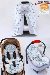 Umaybebek 4 Parça - Puset Örtüsü, Bel Destekli Bebek Arabası Minderi, Puset Minderi, Puset Çarşafı - Panço-Yeşil Kelebek P thumbnail 1