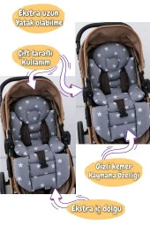 Umaybebek 4 Parça - Puset Örtüsü, Bel Destekli Bebek Arabası Minderi, Puset Minderi, Puset Çarşafı - Tutmalı-Koyu Gri Pudra T - 2
