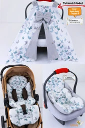 Umaybebek 4 Parça - Puset Örtüsü, Bel Destekli Bebek Arabası Minderi, Puset Minderi, Puset Çarşafı - Tutmalı-Yeşil Kelebek T thumbnail 1