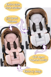 Umaybebek 4 Parça - Puset Örtüsü, Bel Destekli Bebek Arabası Minderi, Puset Minderi, Puset Çarşafı - Panço-Bebepembe P - 2