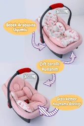 Umaybebek 4 Parça - Puset Örtüsü, Bel Destekli Bebek Arabası Minderi, Puset Minderi, Puset Çarşafı - Panço-Pudra Kelebek P - 3