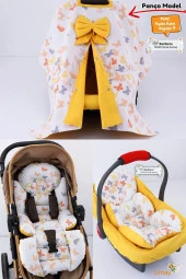 Umaybebek 4 Parça - Puset Örtüsü, Bel Destekli Bebek Arabası Minderi, Puset Minderi, Puset Çarşafı - Panço-Hardal Kelebek P thumbnail 1