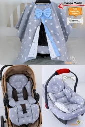 Umaybebek 4 Parça - Puset Örtüsü, Bel Destekli Bebek Arabası Minderi, Puset Minderi, Puset Çarşafı - Panço-Açık Gri Mavi P - 1