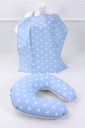 Umaybebek Emzirme Yastığı, Emzirme Önlüğü Set - Pamuklu Kumaş - Mavi Yıldız- thumbnail 1