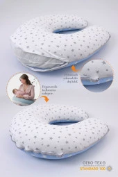 Umaybebek Emzirme Yastığı, Emzirme Önlüğü Set - Pamuklu Kumaş - Mavi Yıldız- thumbnail 2