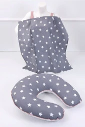 Umaybebek Emzirme Yastığı, Emzirme Önlüğü Set - Pamuklu Kumaş - Koyu Gri Pudra- - 1