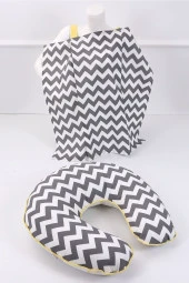 Umaybebek Emzirme Yastığı, Emzirme Önlüğü Set - Pamuklu Kumaş - Gri Zikzak- - 1