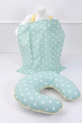 Umaybebek Emzirme Yastığı, Emzirme Önlüğü Set - Pamuklu Kumaş - Yeşil Sarı- thumbnail 1