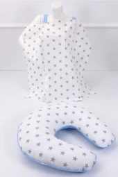 Umaybebek Emzirme Yastığı, Emzirme Önlüğü Set - Pamuklu Kumaş - Mavi Beyaz Yıldız- thumbnail 1