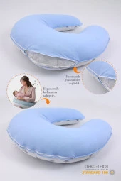 Umaybebek Emzirme Yastığı, Emzirme Önlüğü Set - Pamuklu Kumaş - Mavi Beyaz Yıldız- thumbnail 2