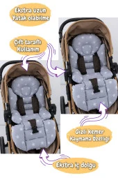 Umaybebek 4 Parça - Puset Örtüsü, Bel Destekli Bebek Arabası Minderi, Puset Minderi, Puset Çarşafı - Tutmalı-Açık Gri Mavi T thumbnail 2