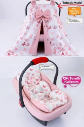 Umaybebek 3 Parça - Puset Örtüsü, Bel Destekli Puset Minderi, Puset Çarşafı, %100 Pamuk- Tutmalı-Pembe Kelebek T - 1