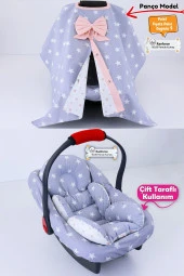 Umaybebek 3 Parça - Puset Örtüsü, Bel Destekli Puset Minderi, Puset Çarşafı, %100 Pamuk - Panço-Açık Gri Pembe P - 1