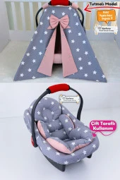 Umaybebek 3 Parça - Puset Örtüsü, Bel Destekli Puset Minderi, Puset Çarşafı, %100 Pamuk- Tutmalı-Koyu Gri Pudra T thumbnail 1