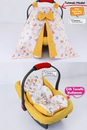 Umaybebek 3 Parça - Puset Örtüsü, Bel Destekli Puset Minderi, Puset Çarşafı, %100 Pamuk- Tutmalı-Hardal Kelebek T thumbnail 1