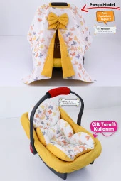 Umaybebek 3 Parça - Puset Örtüsü, Bel Destekli Puset Minderi, Puset Çarşafı, %100 Pamuk - Panço-Hardal kelebek P thumbnail 1