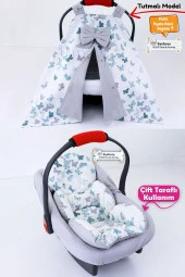 Umaybebek 3 Parça - Puset Örtüsü, Bel Destekli Puset Minderi, Puset Çarşafı, %100 Pamuk- Tutmalı-Yeşil Kelebek T - 1