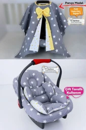 Umaybebek 3 Parça - Puset Örtüsü, Bel Destekli Puset Minderi, Puset Çarşafı, %100 Pamuk - Panço-Koyu Gri Sarı P thumbnail 1