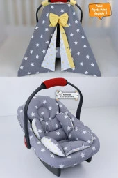 Umaybebek 3 Parça - Puset Örtüsü, Bel Destekli Puset Minderi, Puset Çarşafı, %100 Pamuk- Tutmalı-Koyu Gri Sarı T thumbnail 1