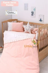 Umaybebek Bebek Nevresim Takımı, Örgü Korumalık, Çarşaf - %100 Pamuk-Pembe Fiyonklu - 1