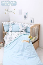 Umaybebek 70x130, Bebek Nevresim Takımı, Dolgu Korumalık, Düz Çarşaf - %100 Pamuk-Su Yeşili - 1