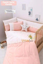 Umaybebek 70x110, Bebek Nevresim Takımı, Dolgu Korumalık, Düz Çarşaf - %100 Pamuk-Bebe Pembe - 1