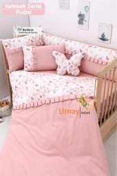 Umaybebek 70x130, Bebek Nevresim Takımı, Dolgu Korumalık, Düz Çarşaf - %100 Pamuk-Pudra Kelebek - 1
