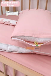 Umaybebek 70x130, Bebek Nevresim Takımı, Dolgu Korumalık, Düz Çarşaf - %100 Pamuk-Pudra Kelebek - 4