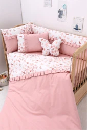 Umaybebek 70x110, Bebek Nevresim Takımı, Dolgu Korumalık, Düz Çarşaf - %100 Pamuk-Pudra Kelebek - 1