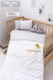 Umaybebek Bebek Nevresim Takımı, Çarşaf - %100 Pamuk-Gri Yıldız - 1