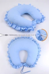 Umaybebek Emzirme Yastığı Minderi, Pamuk Kumaş - Mavi Fırfırlı- thumbnail 1