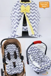 Umaybebek 4 Parça - Puset Örtüsü, Bel Destekli Bebek Arabası Minderi, Puset Minderi, Puset Çarşafı - Panço-Gri Zikzak P thumbnail 1