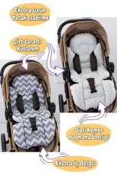 Umaybebek 4 Parça - Puset Örtüsü, Bel Destekli Bebek Arabası Minderi, Puset Minderi, Puset Çarşafı - Panço-Gri Zikzak P thumbnail 2