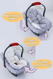 Umaybebek 4 Parça - Puset Örtüsü, Bel Destekli Bebek Arabası Minderi, Puset Minderi, Puset Çarşafı - Tutmalı-Açık Gri Bebepembe T - 2