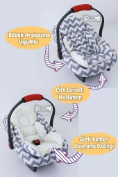 Umaybebek 4 Parça - Puset Örtüsü, Bel Destekli Bebek Arabası Minderi, Puset Minderi, Puset Çarşafı - Panço-Gri Zikzak P thumbnail 3