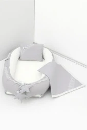 Umaybebek 3 Parça - Bebek Uyku Yatağı, Baş Yastık, Bebek Pikesi 0-2 Yaş - %100 Pamuk-Gri/Krem thumbnail 1