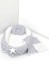 Umaybebek 3 Parça - Bebek Uyku Yatağı, Baş Yastık, Bebek Pikesi 0-2 Yaş - %100 Pamuk-Gri Yıldız thumbnail 1