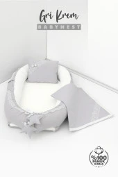 Umaybebek 3 Parça - Bebek Uyku Yatağı, Baş Yastık, Bebek Pikesi 0-2 Yaş - %100 Pamuk-Gri/Krem thumbnail 2