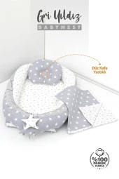 Umaybebek 3 Parça - Bebek Uyku Yatağı, Baş Yastık, Bebek Pikesi 0-2 Yaş - %100 Pamuk-Gri Yıldız thumbnail 2