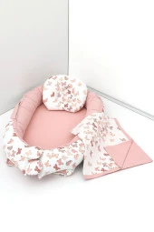 Umaybebek 3 Parça - Bebek Uyku Yatağı, Baş Yastık, Bebek Pikesi 0-2 Yaş - %100 Pamuk-Pudra Kelebek thumbnail 1