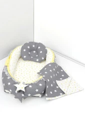 Umaybebek 3 Parça - Bebek Uyku Yatağı, Baş Yastık, Bebek Pikesi 0-2 Yaş - %100 Pamuk-Koyu Gri/Sarı thumbnail 1