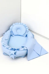 Umaybebek 3 Parça - Bebek Uyku Yatağı, Baş Yastık, Bebek Pikesi 0-2 Yaş - %100 Pamuk-Mavi Fırfırlı thumbnail 1