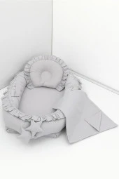 Umaybebek 3 Parça - Bebek Uyku Yatağı, Baş Yastık, Bebek Pikesi 0-2 Yaş - %100 Pamuk-Gri Fırfırlı thumbnail 1