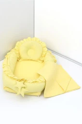 Umaybebek 3 Parça - Bebek Uyku Yatağı, Baş Yastık, Bebek Pikesi 0-2 Yaş - %100 Pamuk-Sarı Fırfırlı thumbnail 1